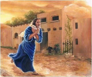 Woman running to village